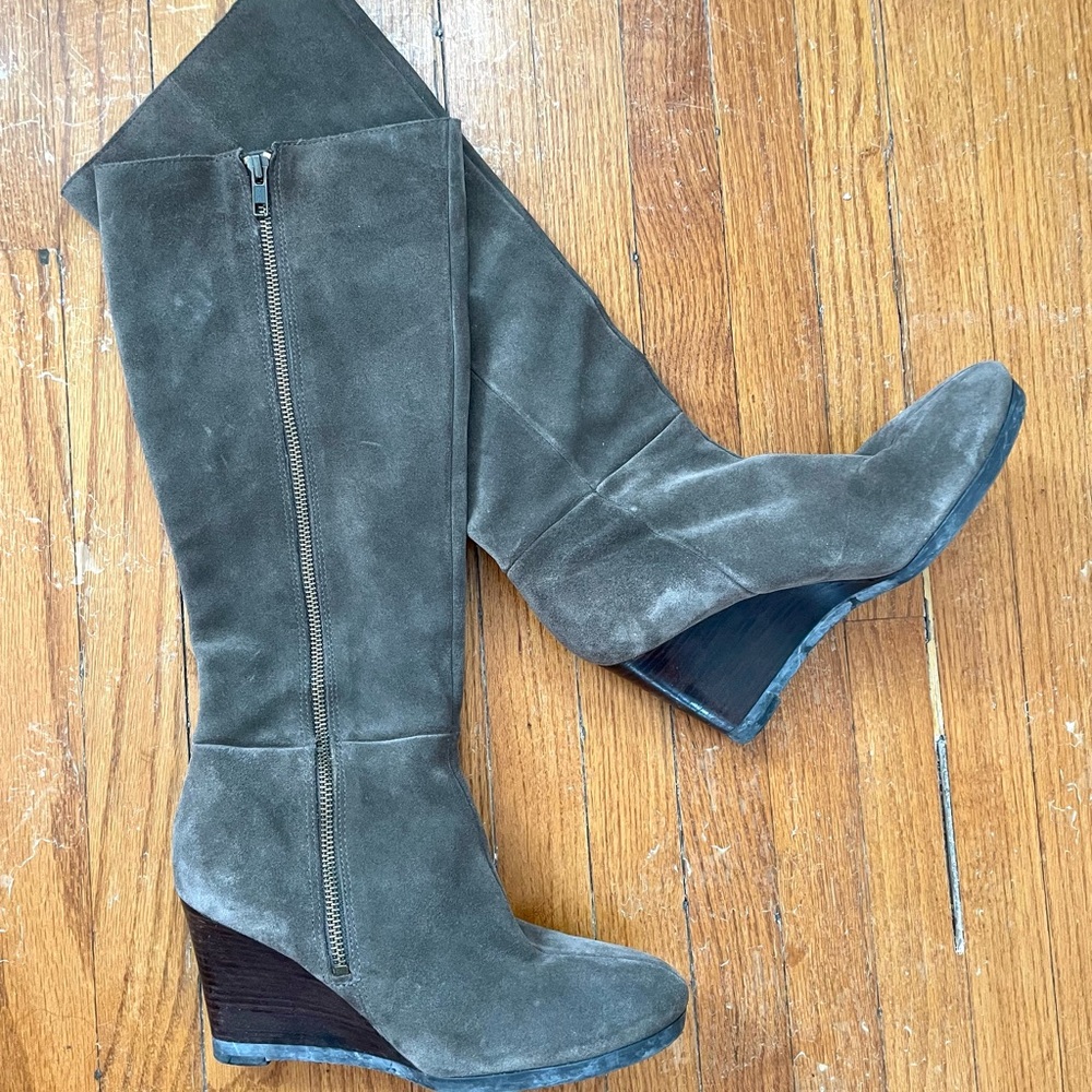 Franco Sarto Gray Suede Knee-High Wedge Boots